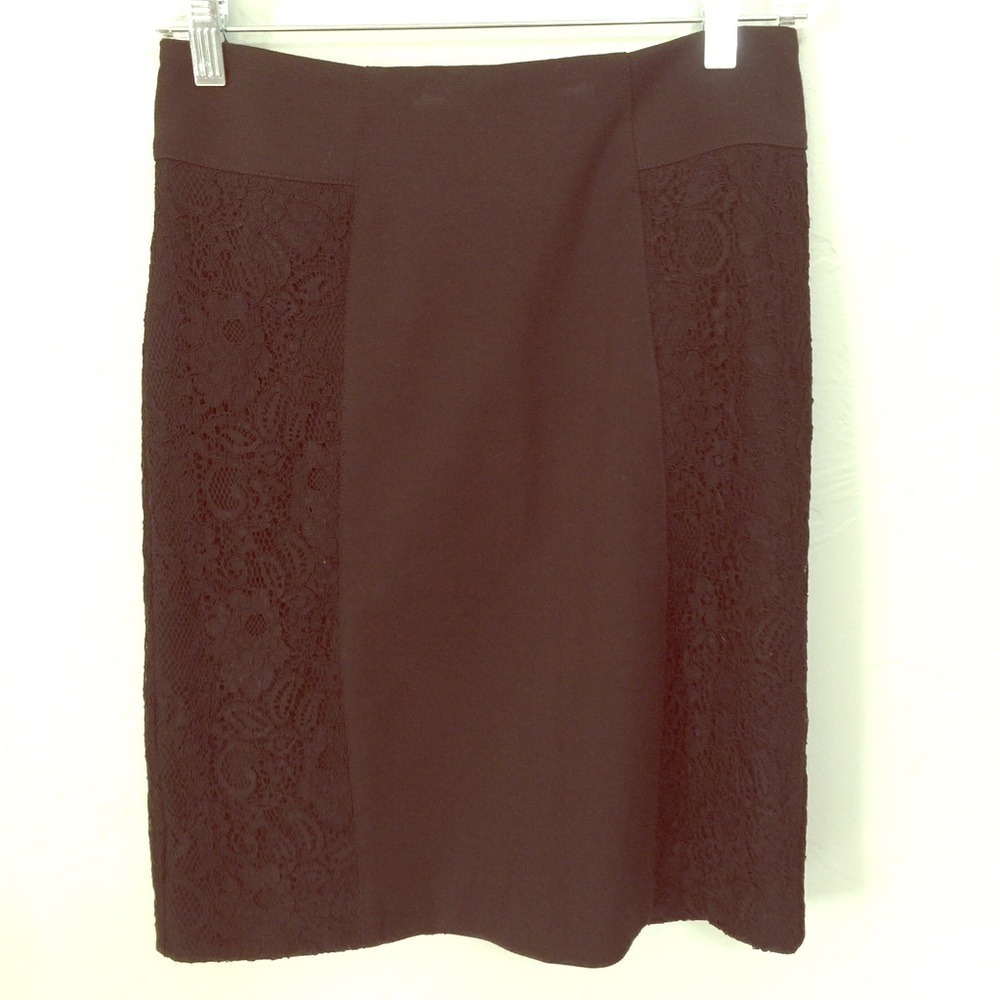 BCBG Generation black stretch midi pencil skirt w/lace detail